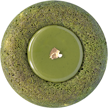 A top view of a matcha green tea flavored dessert with a gold leaf garnish.