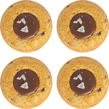 Four identical cookies with chocolate filling and a sprinkle of powdered sugar on a transparent checkered background for the theme of "Homepage 001".